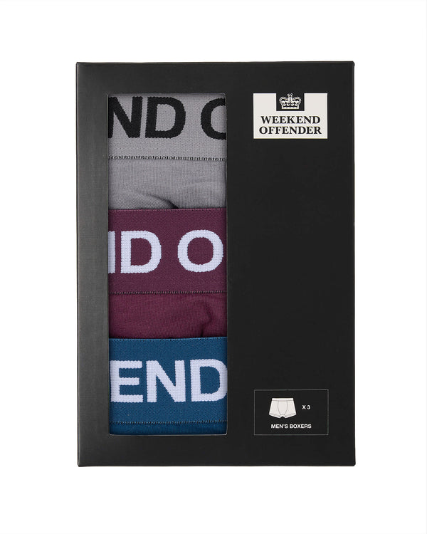Boxer Shorts Pack Of 3 Light Grey/ Deep Plum/ Juniper Blue